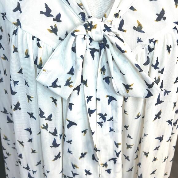 Ember white navy bird print bow tie sleeveless blouse indie professional casual - Picture 3 of 7